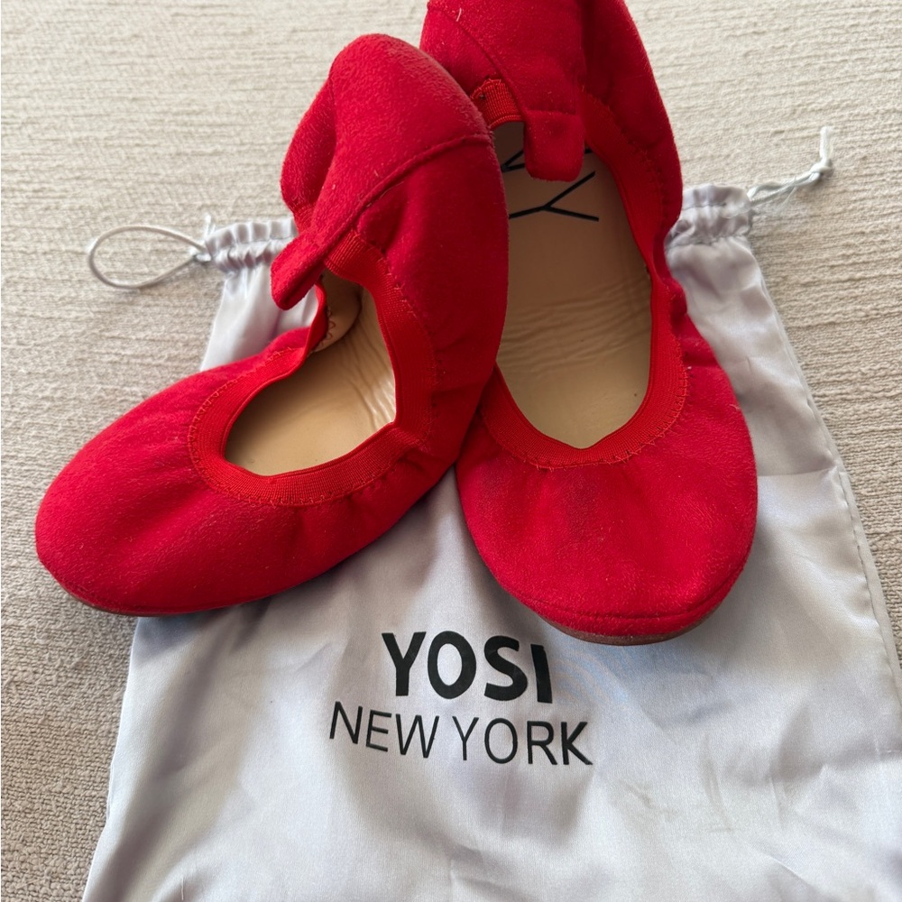 Yosi Samra Red Suede Foldable Ballet Flats Size 6.5 w/ Dust Bag